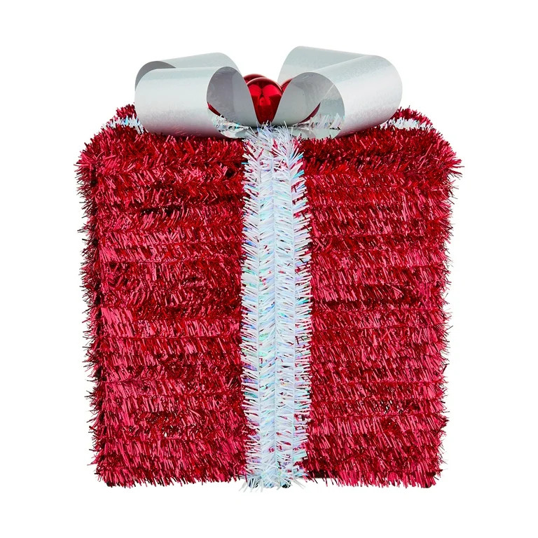 Medium Tinsel Gift Box Christmas Decoration, Red and White, by Holiday Time | Walmart (US)