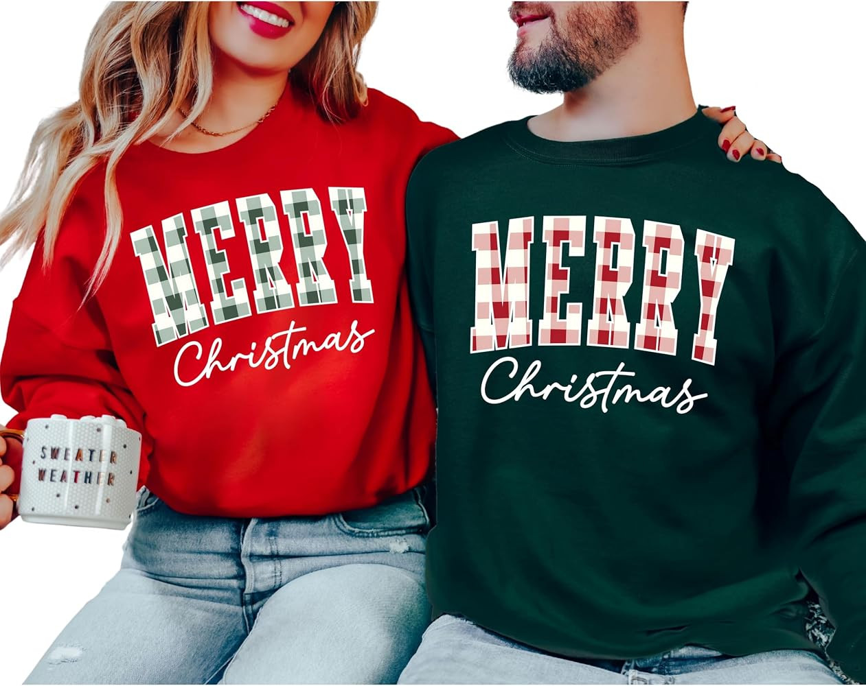 Merry Christmas Sweatshirt Matching Couples Holiday Sweater Red and Green Plaid Christmas Crewnec... | Amazon (US)