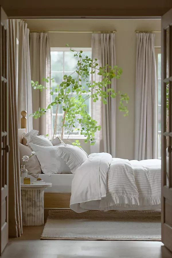 Organic Cotton Spa Sateen Ruffled Duvet Cover | Anthropologie (US)