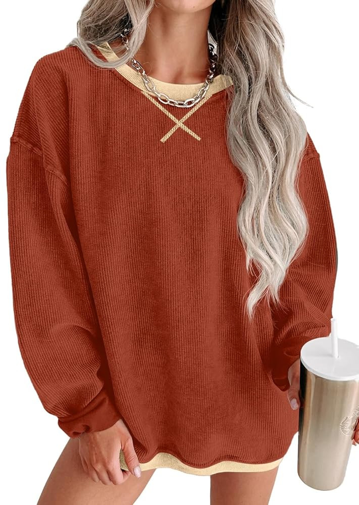 Womens Sweatshirts Casual Cored Corduroy Pullover Tops Oversized Long Sleeve Crewneck Shirts | Amazon (US)