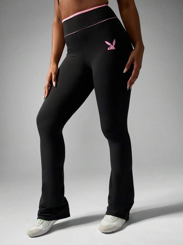 Missguided X Playboy High Waisted Flared Leggings With Pink Contrast Band Sport Performance Flare Pants Moisture Wicking Workout Yoga Fitness | SHEIN