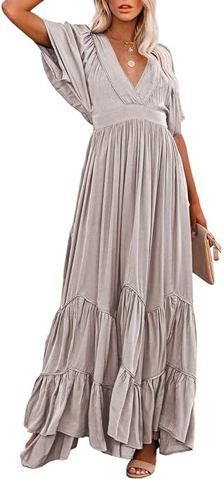 Linsery Women V Neck Ruffle Maxi Dress Balloon Sleeve Layered Beach Long Dresses | Amazon (US)