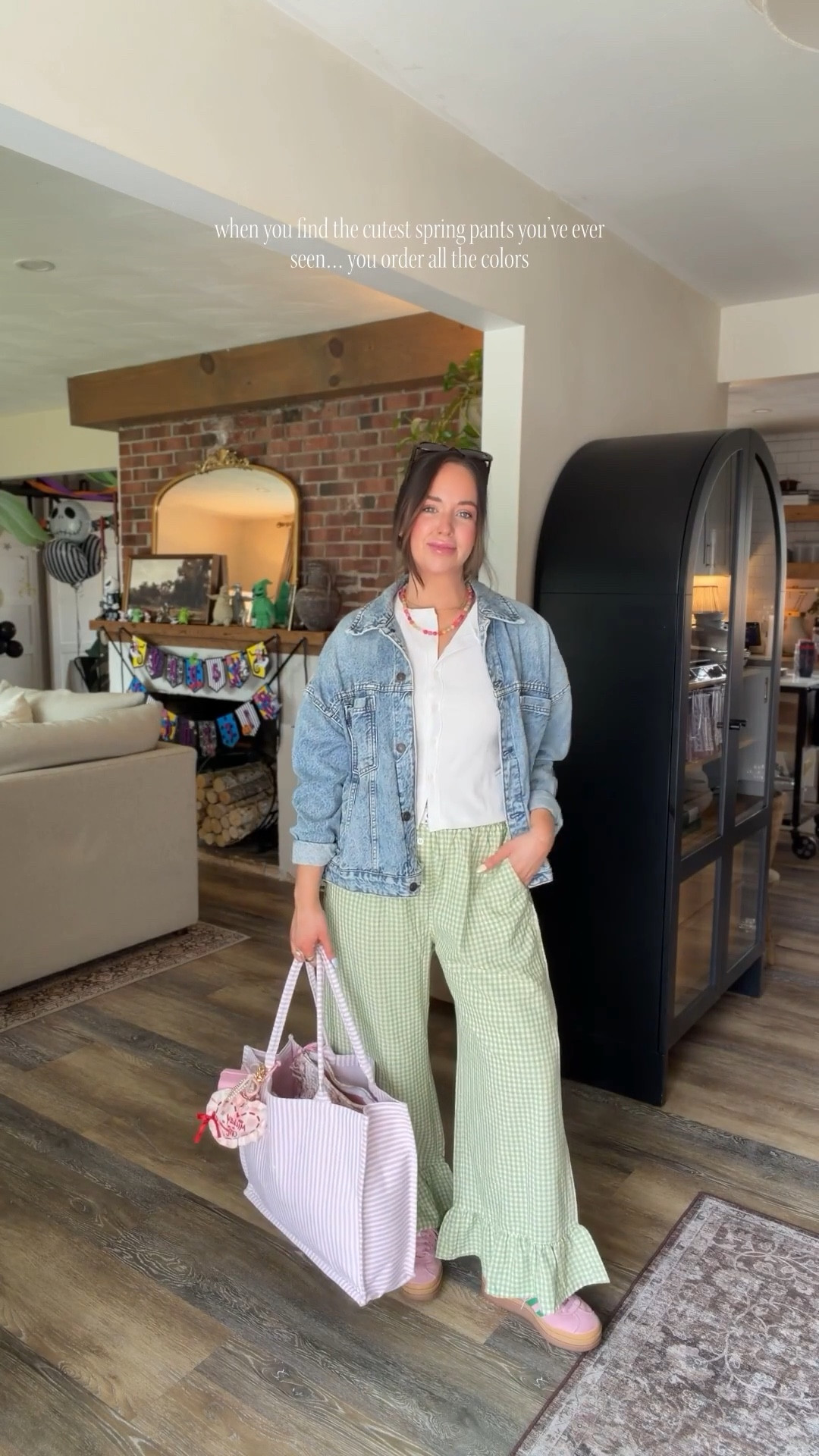 The cutest gingham bottoms with ruffles for spring… an immediate add to cart!! 👀 Ordering every color option 🙌🏼 in a size medium for reference! they’re so stretchy and comfortable. I wore them all day for Ollie’s birthday! Hence the Jack skellington decor behind me 🤣 comment SPRING for links to be sent to you! #ltkspring #amazonfinds #ginghampants #ginghamruffles 

#LTKSeasonal #LTKdayinmylife #LTKmomlife