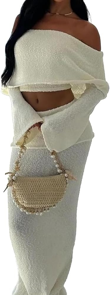 SHINFY Women's Two Piece Outfits Fuzzy Knitted Off Shoulder Long Sleeve Crop Tops Sweater Maxi Sk... | Amazon (US)