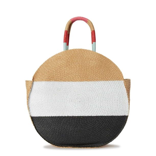 Time & Tru Striped Straw Circle Tote Bag with Inner Slip Pocket - Walmart.com | Walmart (US)