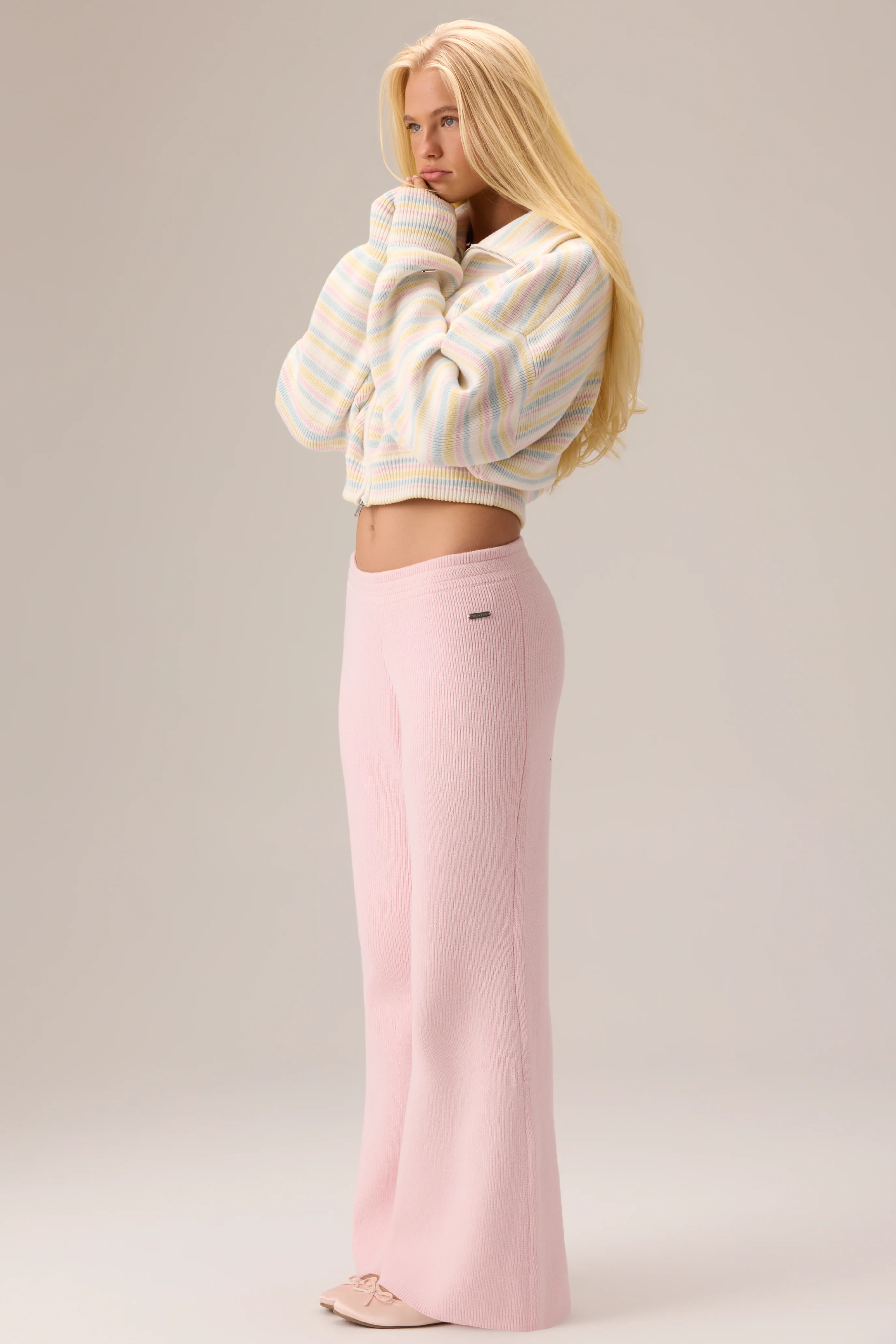 Ribbed Knit Wide-Leg Joggers in Ballet Pink | Bo+Tee