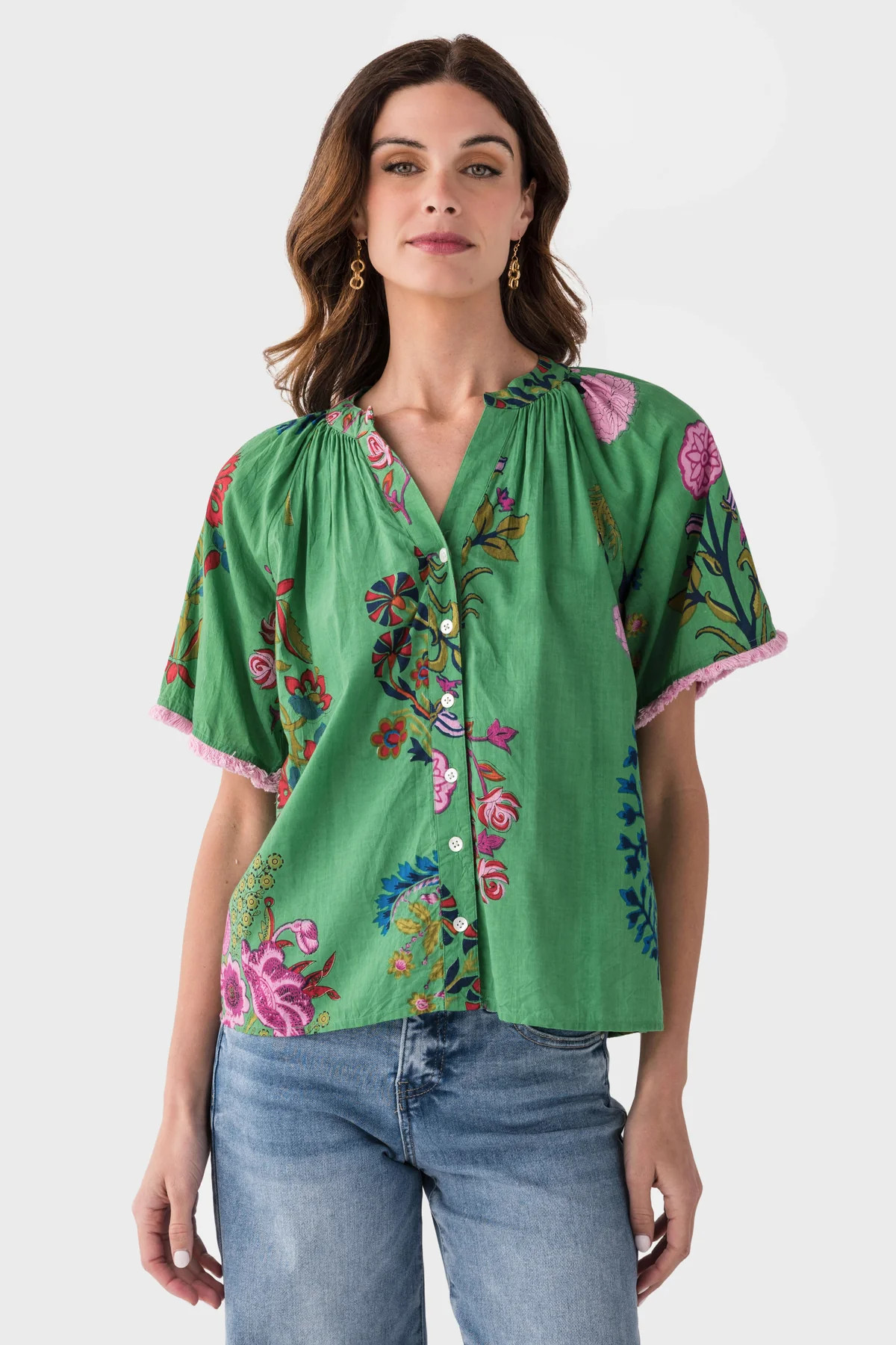 THML Emma Short Sleeve Floral Button Up Top | Social Threads