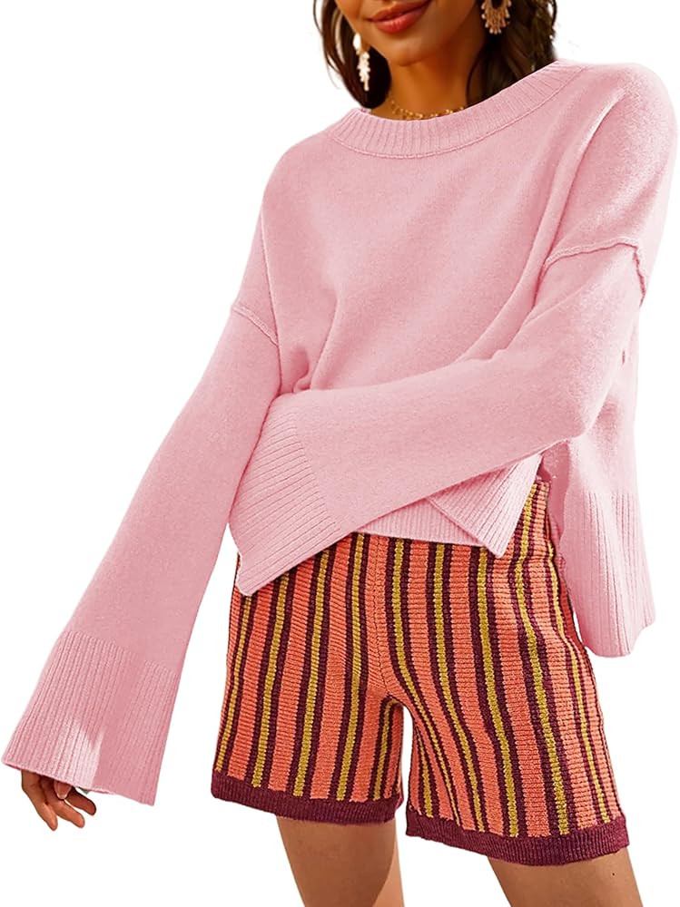 Womens Lightweight Sweaters Crewneck Bell-Style Sleeve Batwing Knit Tops Slouchy Soft Pullover Ju... | Amazon (US)