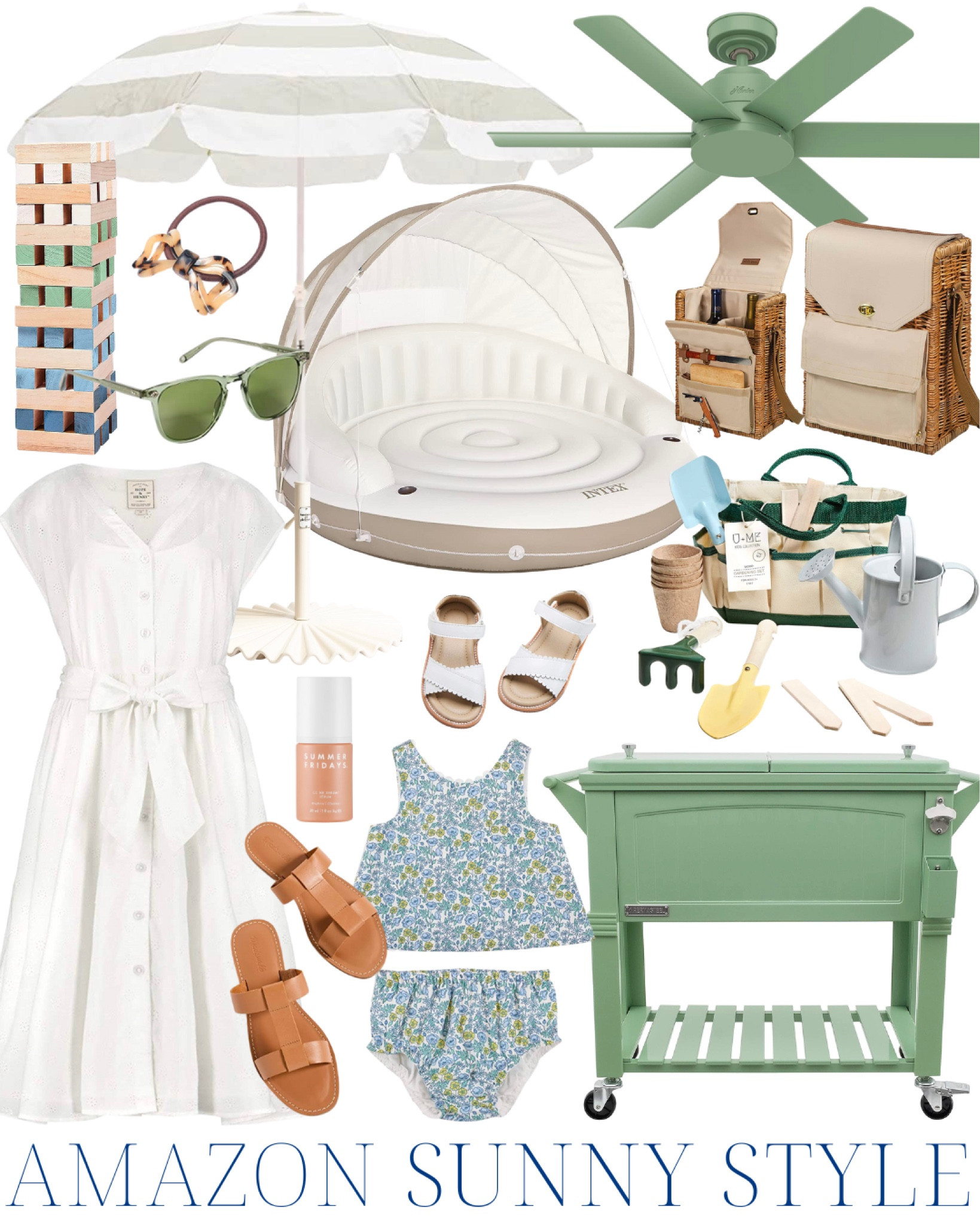 Amazon sunny style | poolside | cooler | umbrella | floaty | picnic basket | sunnies | sunglasses | jenga | shoes | swimsuit | dress

#LTKhome