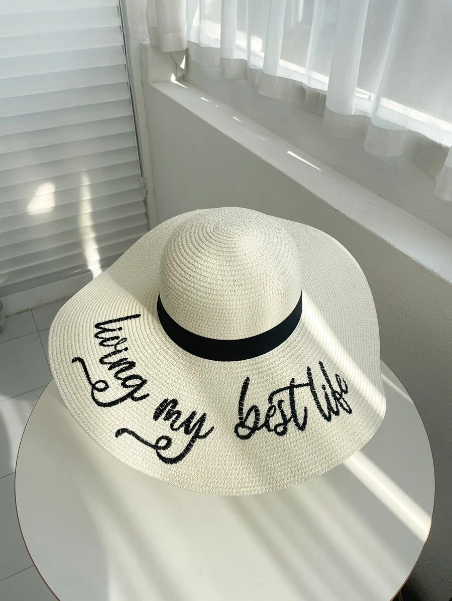 Letter Pattern Wide Brim Straw Hat Boho | SHEIN