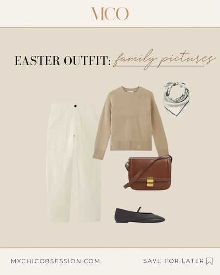 For a more casual take on family photos this Easter, style a knit crewneck sweater with white cargo pants. Add a silk neck scarf, an embossed leather crossbody bag, and Mary Jane flats to finish the outfit.

#LTKSeasonal #LTKstyletip