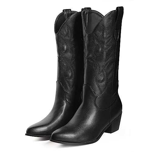 GOSERCE Balck Cowgirl Boots Black Cowboy Boots for Women Mid Wide Calf Western Embroidery Boots Stacked Chunky Heel Pointed Toe Black-C,12 | Amazon (US)