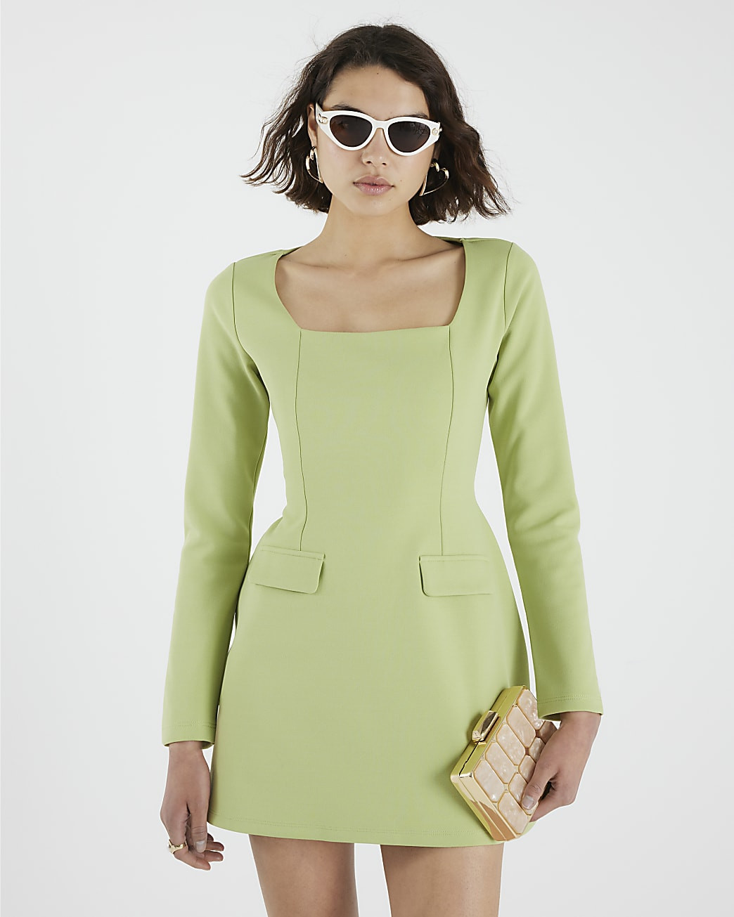 Green Long Sleeve Square Neck Mini Dress | River Island UK & IE