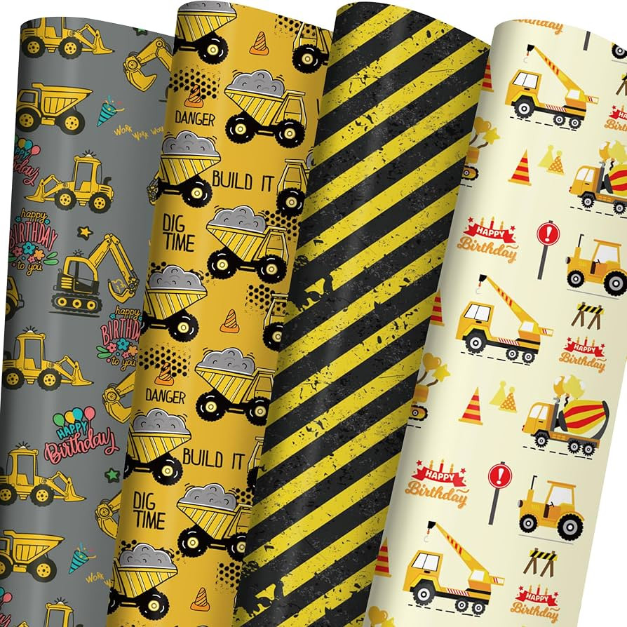 ZINTBIAL Construction Vehicle Wrapping Paper for Kids Birthday - Excavators, Bulldozers, Dump Tru... | Amazon (US)