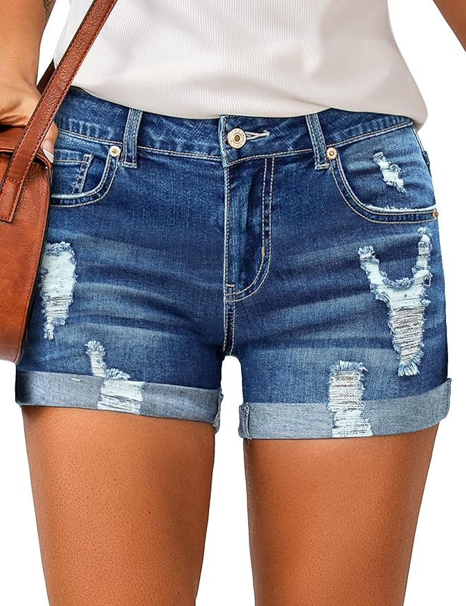 LookbookStore Women's High Waisted Rolled Hem Distressed Jeans Ripped Denim Shorts | Amazon (US)