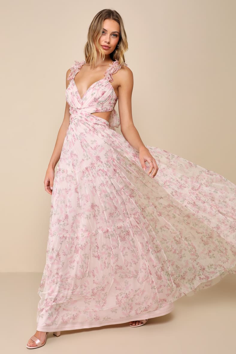 Ethereal Love Blush Floral Pleated Tiered Tie-Back Maxi Dress | Lulus