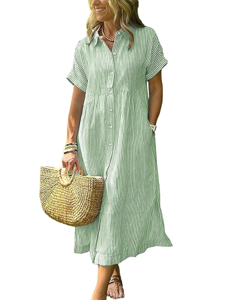 ebossy Women's Boho Striped Shirt Dress Button Up Side Slit Loose Mid Long Cotton Dress with Pock... | Amazon (US)