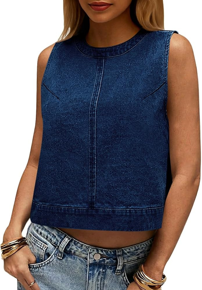 Cicy Bell Womens Denim Tank Tops Crew Neck Summer Casual Sleeveless Shirts Cropped Loose Fit Jean... | Amazon (US)