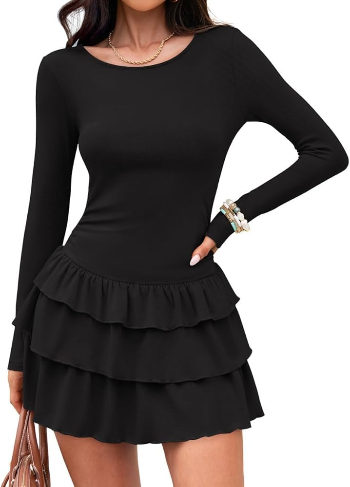ZESICA Women's Long Sleeve Bodycon Mini Dress Crew Neck Ribbed Knit Casual Ruffle Tiered Flowy Co... | Amazon (US)