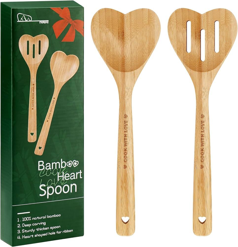 Wooden Heart Spoons for Cooking - Valentines Day 2pcs Bamboo Heart Shaped Slotted Spoon Kitchen M... | Amazon (US)