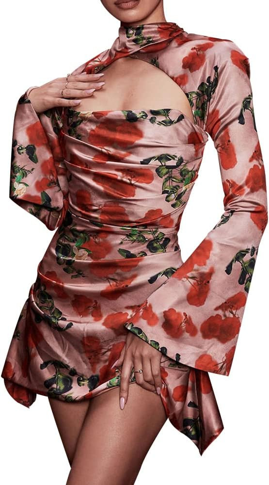 Traditional Chinese Cheongsam for Women Dress Sexy Club Long Floral Flared Sleeves Dress Mini Sli... | Amazon (US)