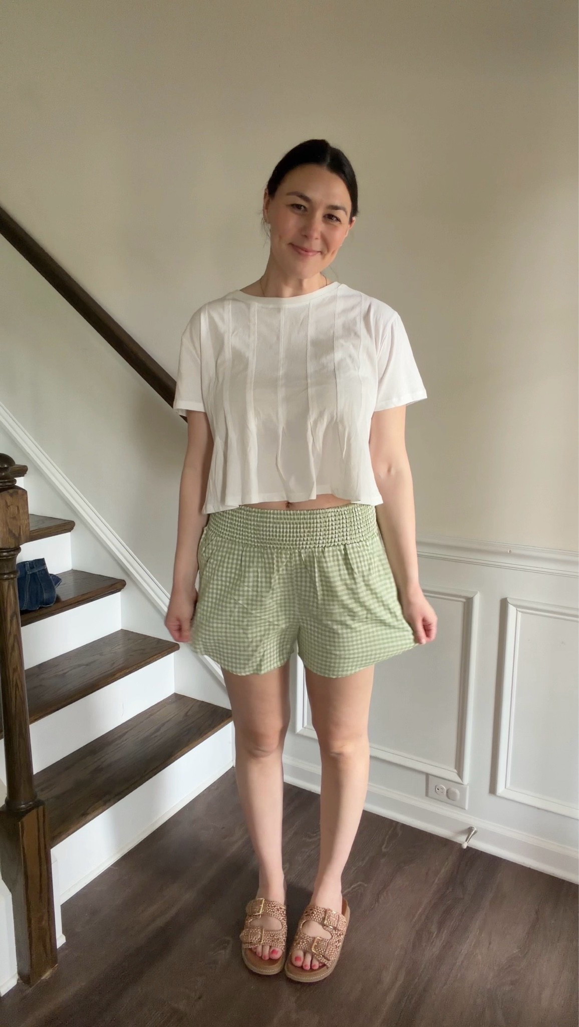 Loving these gingham shorts! They are early pregnancy and postpartum friendly! Love the thick stretchy waistband and pockets! They come in tons of color options & run TTS (or could size up for baggier fit)! Would also be cute with a swimsuit for summer! 

My top is SO cute & runs tts! Wearing a medium.

#LTKMidsize #LTKTall #LTKBump
