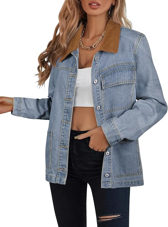 luvamia Jean Jacket Women Trendy Button Down Contrast Corduroy Collar Casual Loose Fit Denim Barn... | Amazon (US)