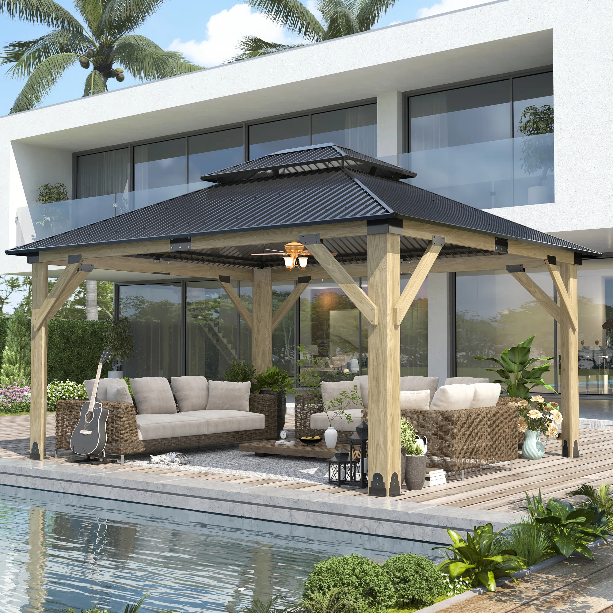 15 ft. W x 13 ft. D Outdoor Cedar Wooden Gazebo with Galvanized Steel Hardtop Double Roof | Wayfair North America