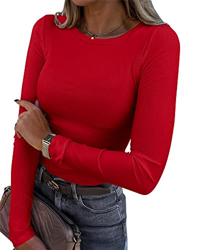 Roselux Womens Long Sleeve Stretch Crewneck Ribbed T-Shirt Fitted Casual Basic Tops | Amazon (US)