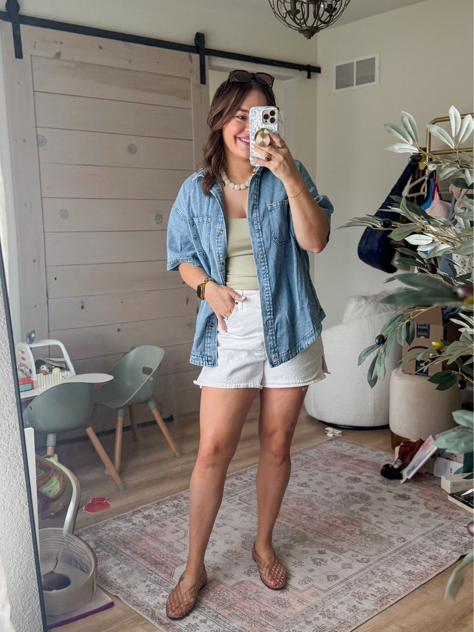 Denim button up shirt in size large, tee is old but jean shorts are tts

#LTKmomlife #LTKMidsize
