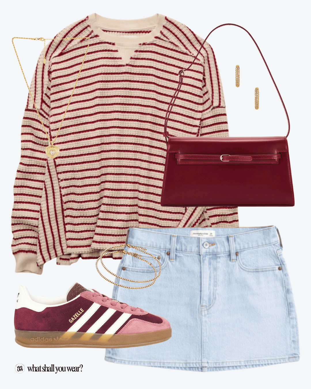 Fall transitional outfit idea, fall outfit idea, mini skirt, denim mini skirt, denim skirt, fall pullover, striped pullover, fall sneakers, fall purse, gold necklace, heart neckalce, burgundy sneakers, red sneakers, cherry red purse, cherry red sneakers, burgundy purse, gold earrings 

 #LTKSeasonal #LTKShoeCrush #LTKItBag