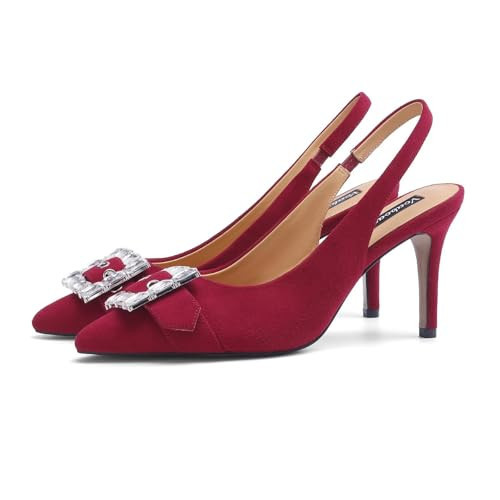 Stylish Royal Blue and RED Kitten Heels Slingback Shoes Diamond Fastener Decorated Closed Toe Party Dress Shoes Women Pumps RED 10 | Amazon (US)
