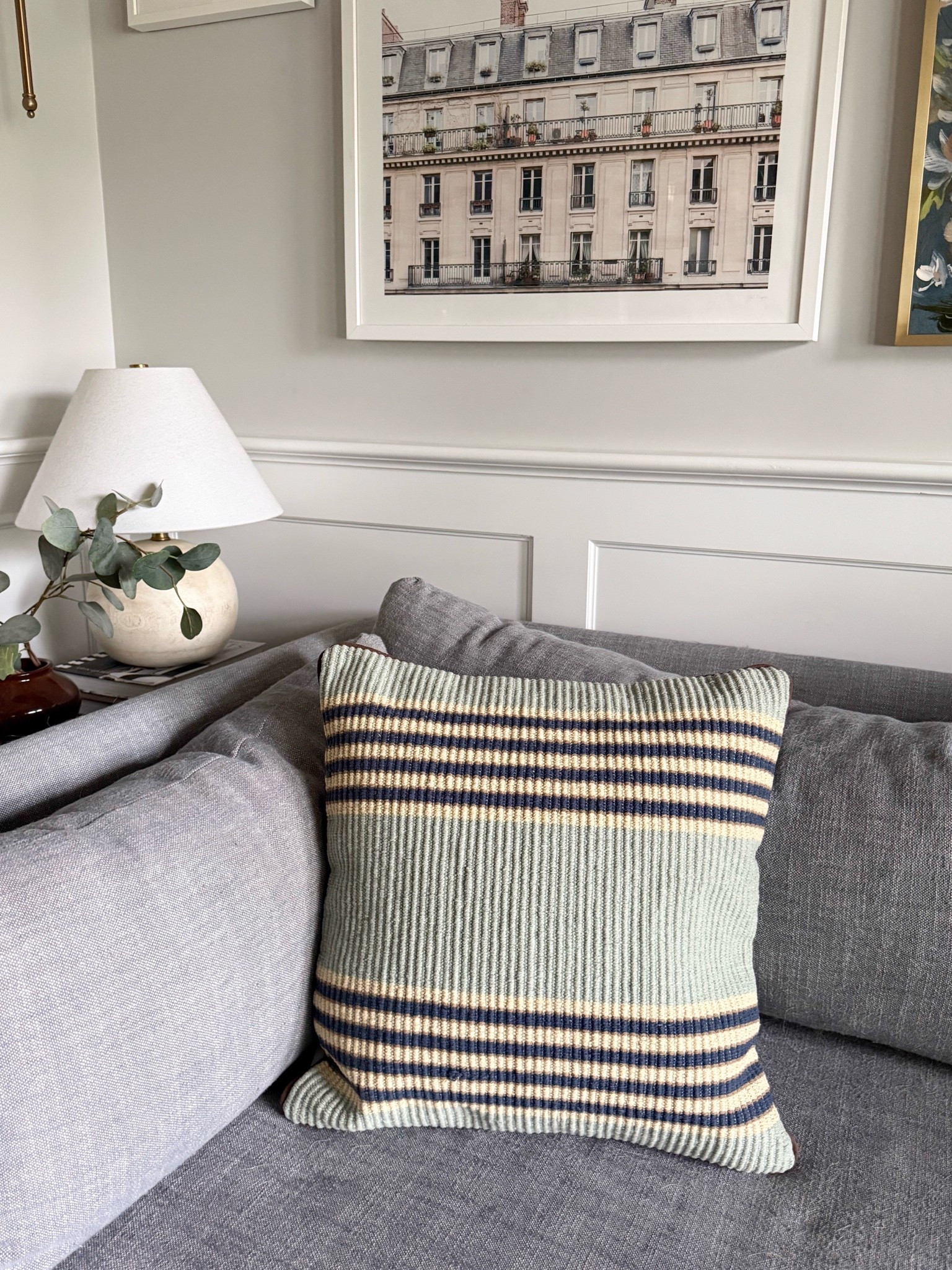 This striped pillow is such a pretty way to add color and texture to a neutral sofa. The soft blue and green tones feel coastal and timeless, while the woven texture gives it just enough visual interest.

striped throw pillow, blue and green pillow, coastal pillow, textured throw pillow, neutral living room, sofa styling, coastal home decor, fall home decor, layered pillows, living room accents, timeless home decor, girlonthehudson