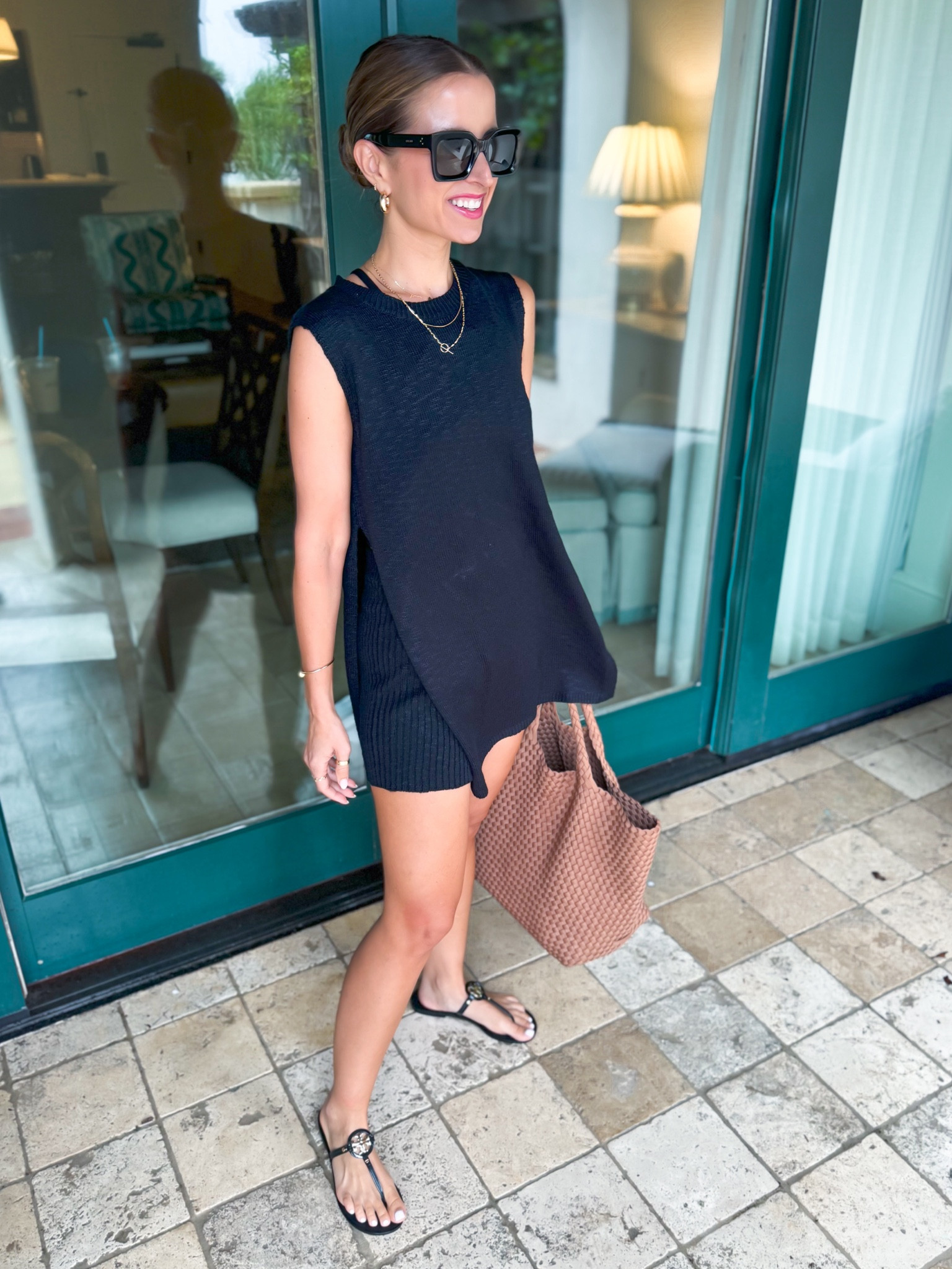 Resort wear. Fall outfit. Summer outfit. Free people Look for less matching set in XS. Amazon matching set. Matching short set. Fabric is an open stitch so I am wearing a tank under the top! It’s super comfortable and great for warm weather. Naghedi large tote in cocoa. Celine sunglasses. 

#LTKItBag #LTKShoeCrush #LTKTravel