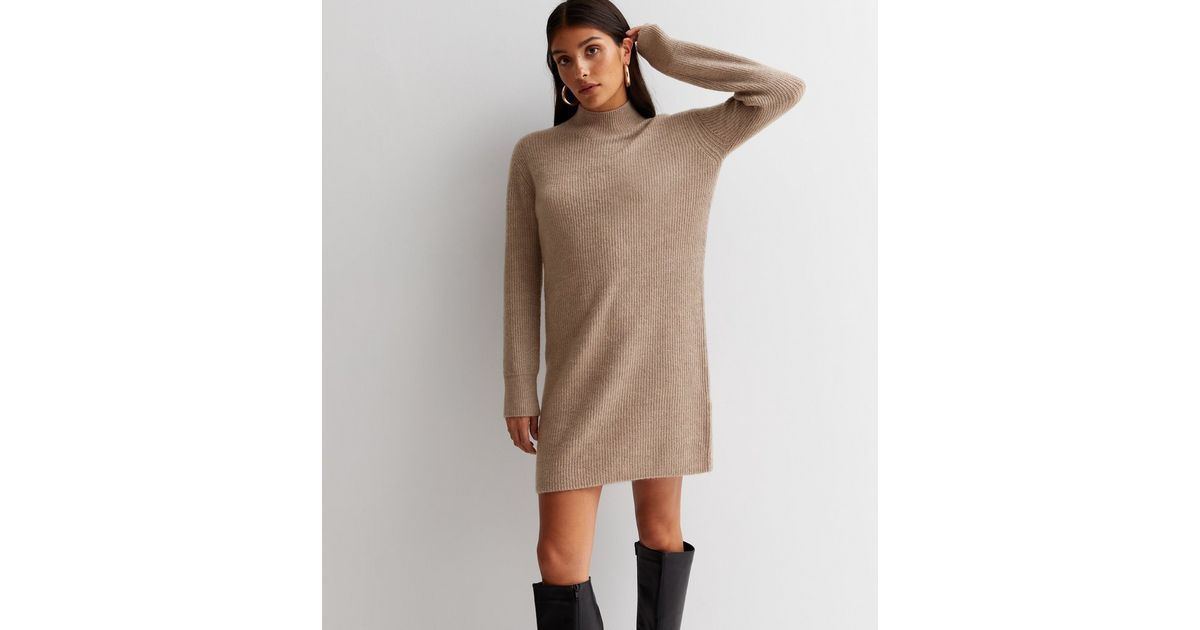 Mink Ribbed Knit High Neck Long Sleeve Mini Bodycon Dress
						
						Add to Saved Items
						R... | New Look (UK)