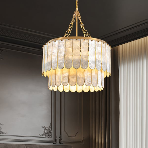 Coastal 5-Light Capiz Shell 2 Tiered Faceted Chandelier Pendant Light in Gold & White -Homary | Homary