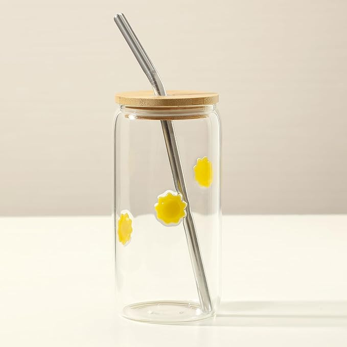 Honeydak Sun Icon Drinking Glasses - 16 oz Icon Glass Cup with Lid and Straw Iced Coffee Juice Cu... | Amazon (US)