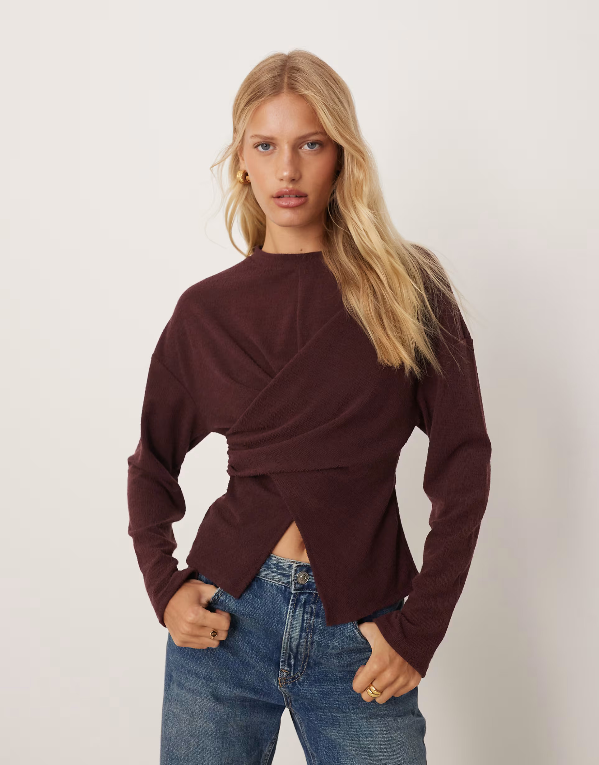ASOS DESIGN textured wrap detail long sleeve in burgundy | ASOS | ASOS (Global)