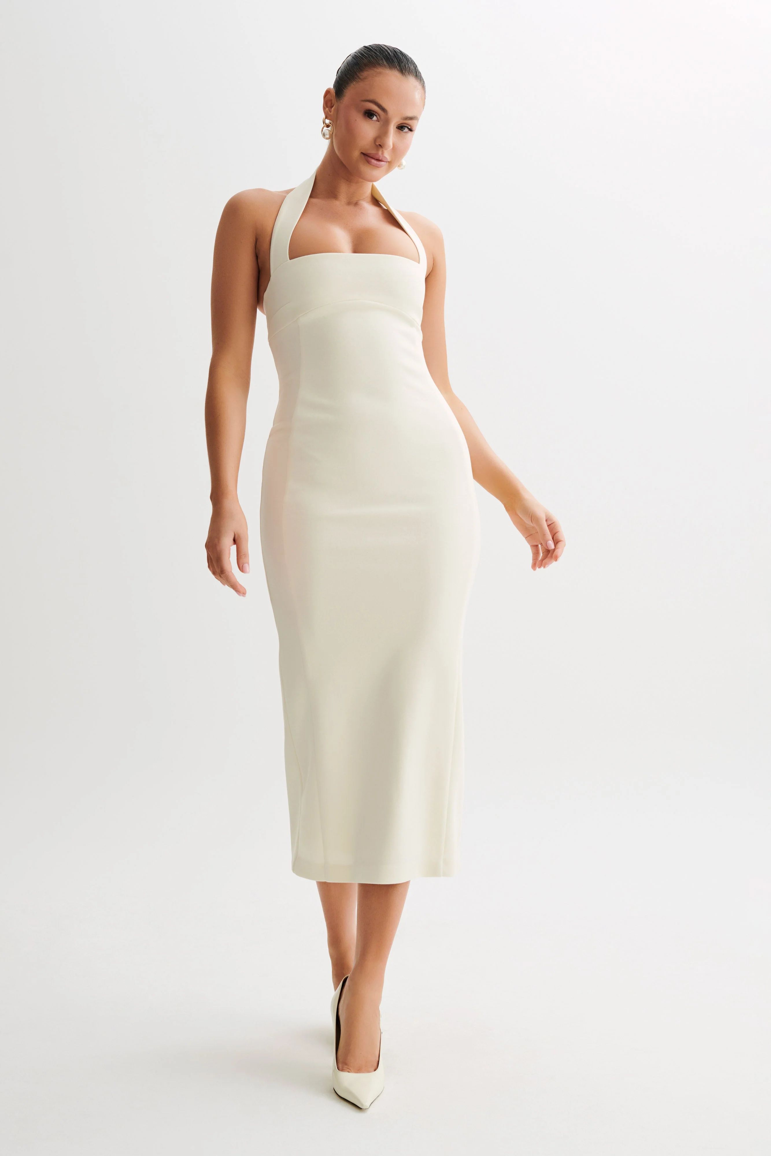 Amelita Suiting Halter Midi Dress - Ivory | MESHKI US