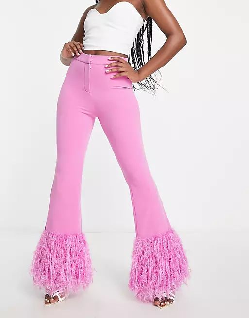ASOS LUXE faux feather suit pants in pink | ASOS (Global)