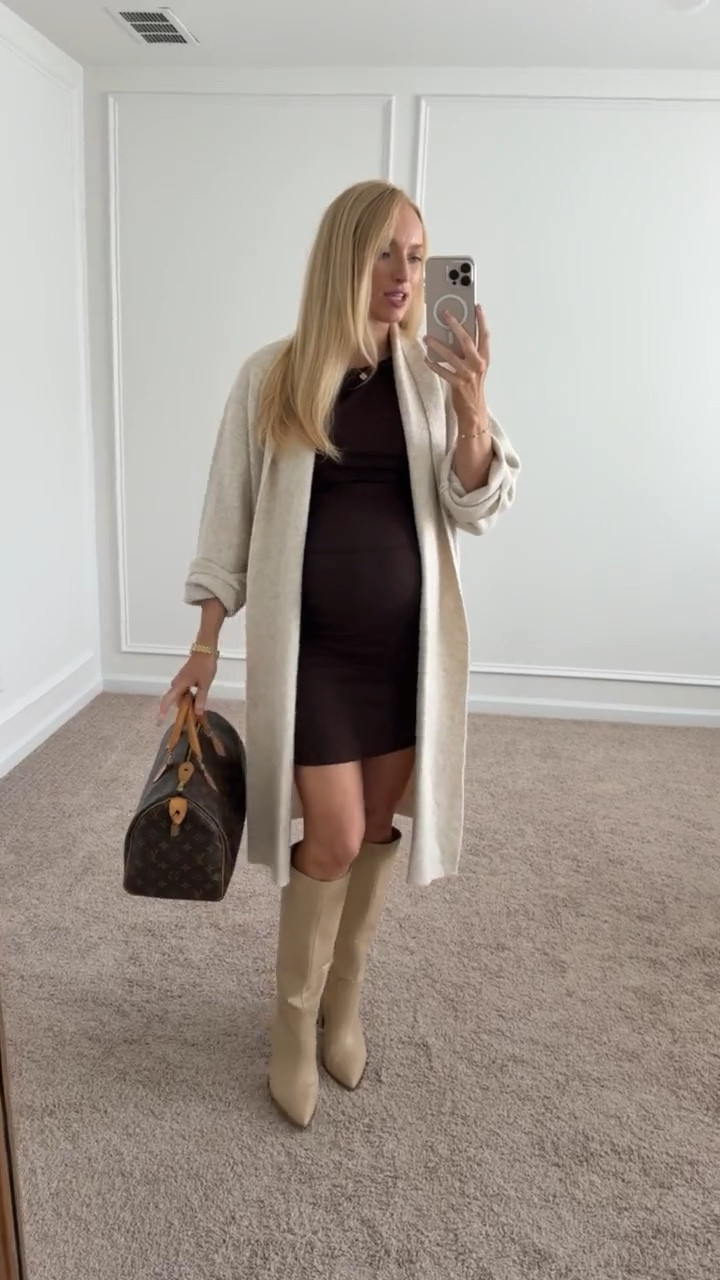 This Bump friendly fitted dress can be dressed up or down! Wearing a size small and styled here with an Amazon cardigan and neutral knee high boots  

#LTKSaleAlert #LTKBump
