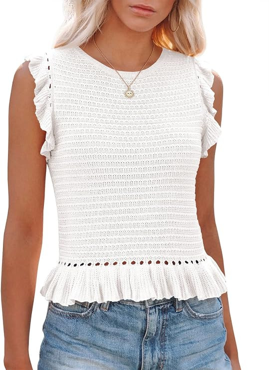 PiePieBuy Women's Summer Knit Tank Tops Crew Neck Sleeveless Cami Shirts Tees Ruffle Sweater Vest | Amazon (US)