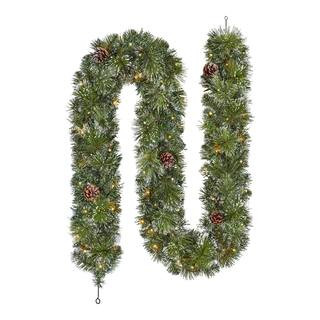 9 ft. Pre-Lit LED Sparkling Amelia Pine Artificial Christmas Garland with Flock, Glitter and Pine... | The Home Depot