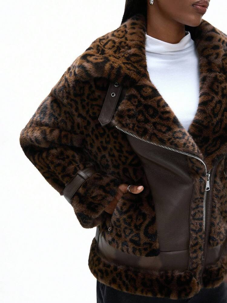 Aveloria Affinna Women's Leopard Print Patchwork Long Sleeve Zipper Front Loose Faux Fur Jacket | SHEIN
