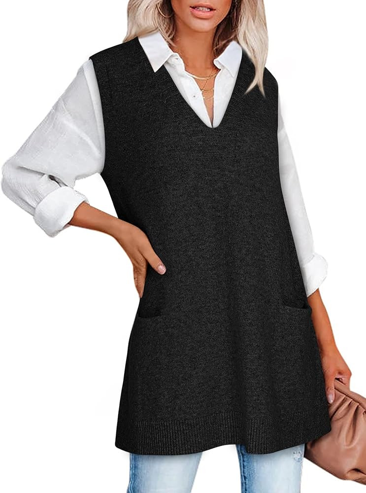 Sweater Vest Women Sleeveless V Neck Oversized Knit Tops Tunic Dress with Pockets Fall Fashion 20... | Amazon (US)
