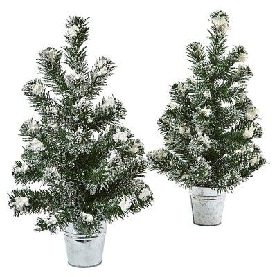 Snowy 18"H Mini Pine Trees with Tin Planters (Set of 2) - Nearly Natural | Target
