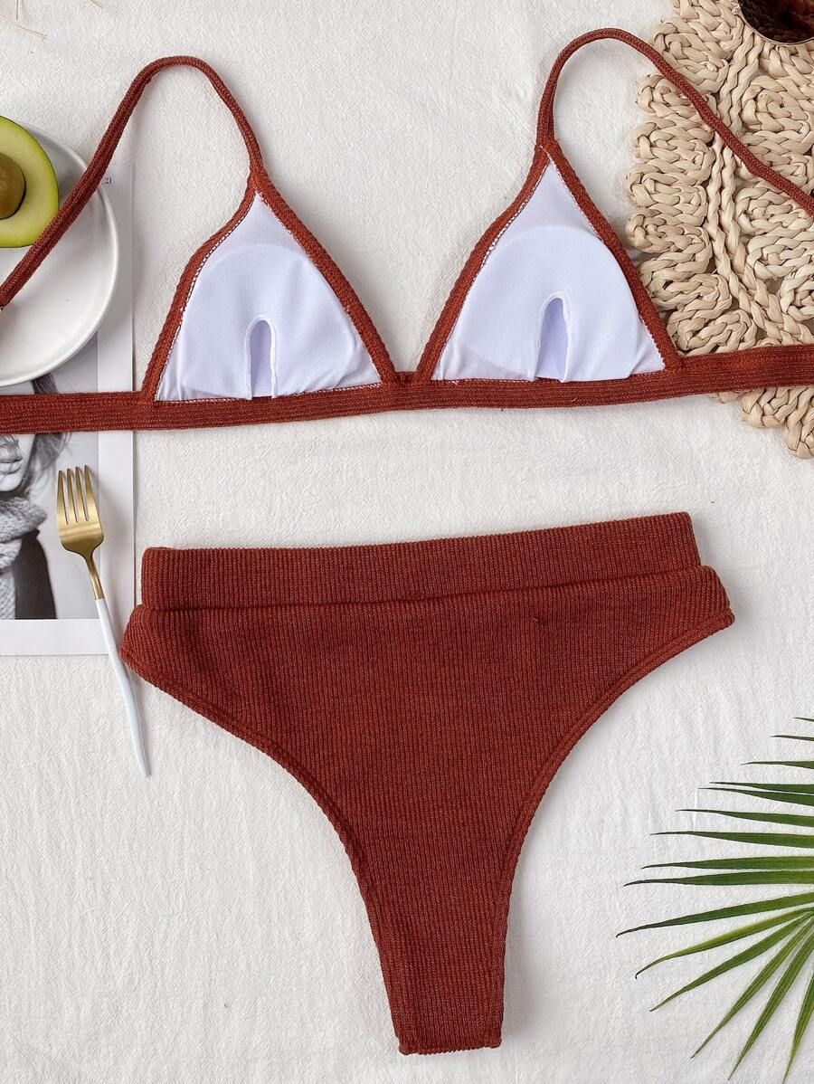 Rib Triangle High Waisted Bikini Swimsuit | SHEIN