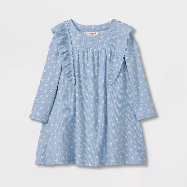 Toddler Girls' Dotted Ruffle Long Sleeve Ribbed Dress - Cat & Jack™ Blue | Target