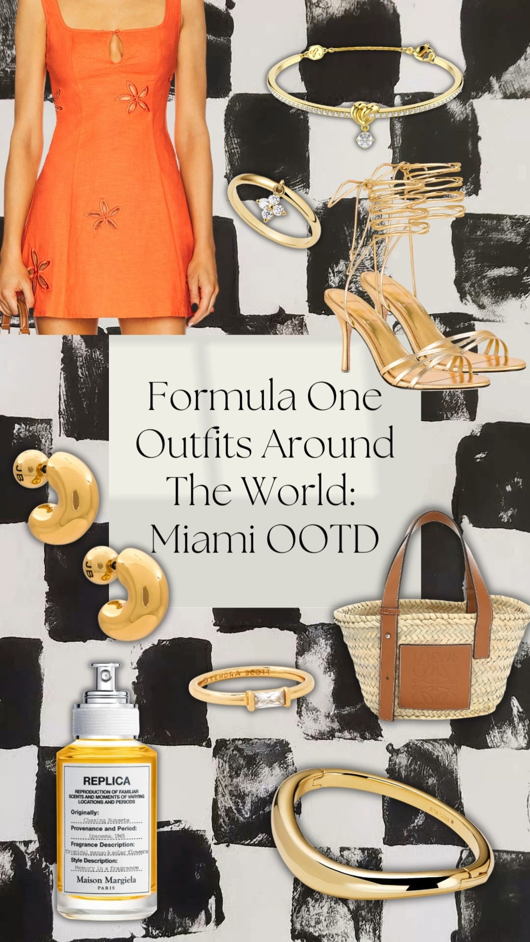 
Welcome back to Formula One Outfits Around The World, where I curate a look for race Sunday Inspired by each Grand Prix Location. 
.
This weeks location is round two: The Miami Grand Prix OOTD 🇺🇸🏎️🏁
. 
I was really inspired by the beach and Miami sunsets, so when I found this dress I knew to was perfect. To match the orange, I went with all gold jewelry, chunky bangles and simple rings. Miami means inconvenient high heels so these gold stilettos that walk around the calf are perfect and match the jewelry. It is the beach so a woven tote is needed and this Loewe tote is to die for. To bring it all together, an orange sunset summer fragrance by one of my favorite brands Replica. 
.  

#LTKdayinmylife #LTKPetite #LTKgrwm