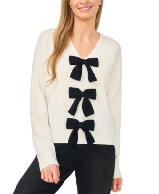 CeCe Women's Contrast Bow Detail V-Neck Long Sleeve Sweater - Rich Black | Macy's